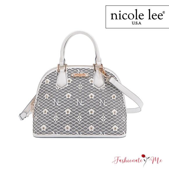 Nicole Lee USA Gracie Flower Pattern Pocket Vegan Leather Dome Satchel | White - Picture 1 of 13